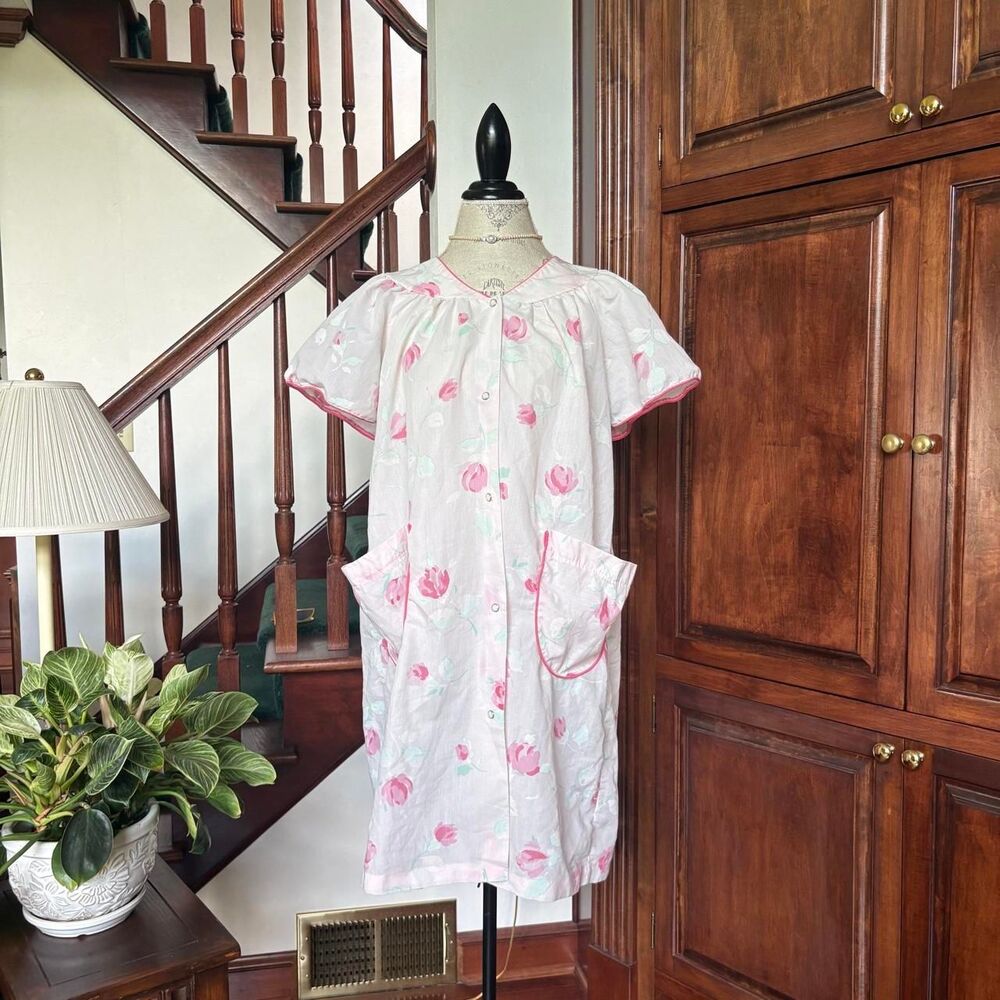 Zip Wrap Snap Rose Print Nightgown Sleep Dress Vintage Femme Coquette
